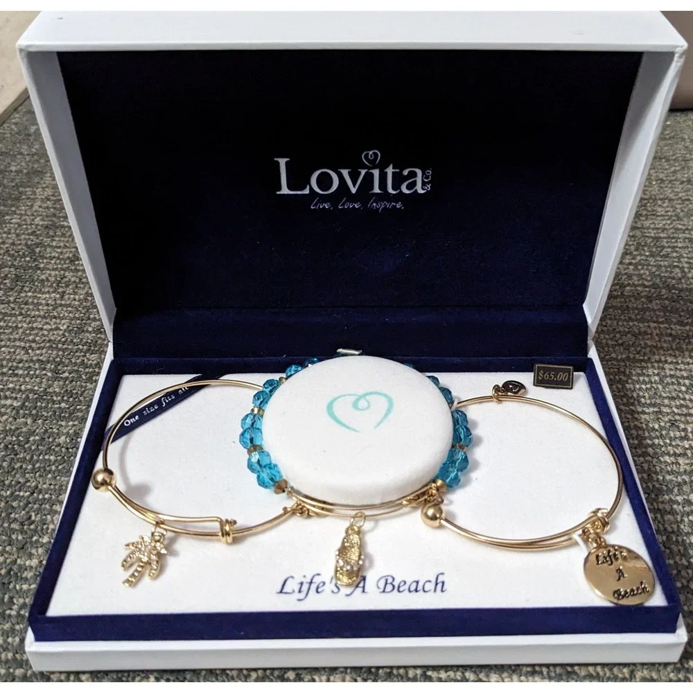 3 PC Bracelet Set Life's‎ A Beach New Gift Ocean Flip Flop Palm Dangle Nautical